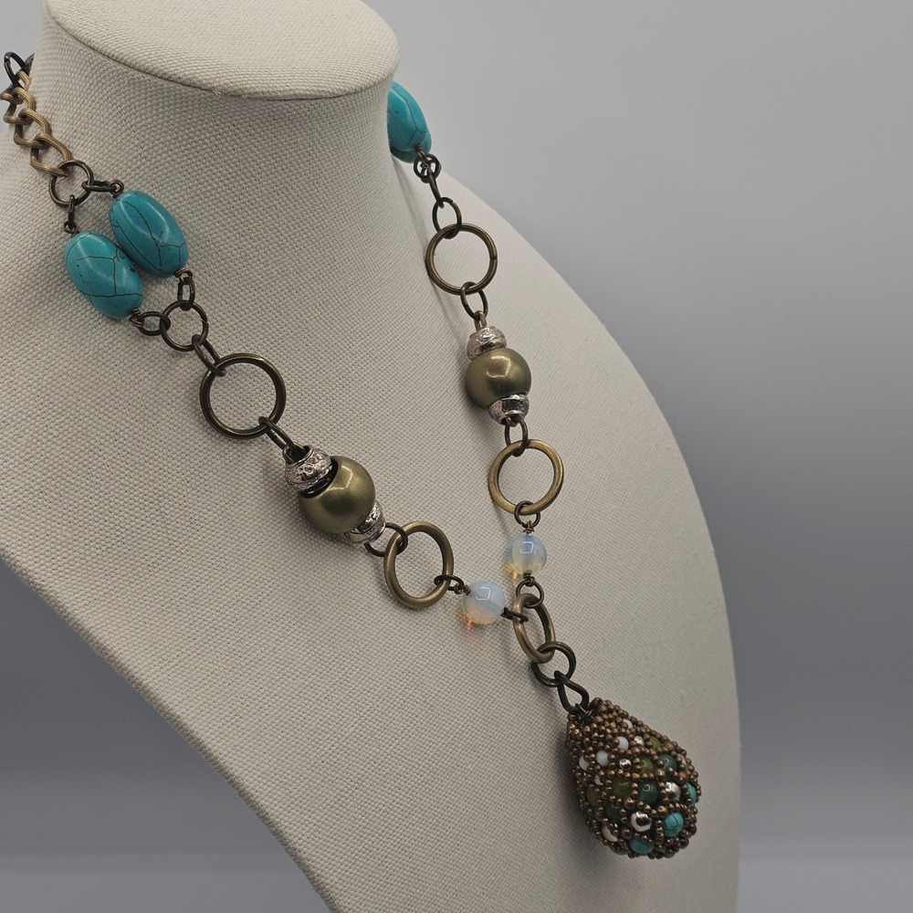 Bronze & Turquoise Tone Beaded Pendant Necklace 22" Boho Chic Earthy Southwest - Picture 3 of 16